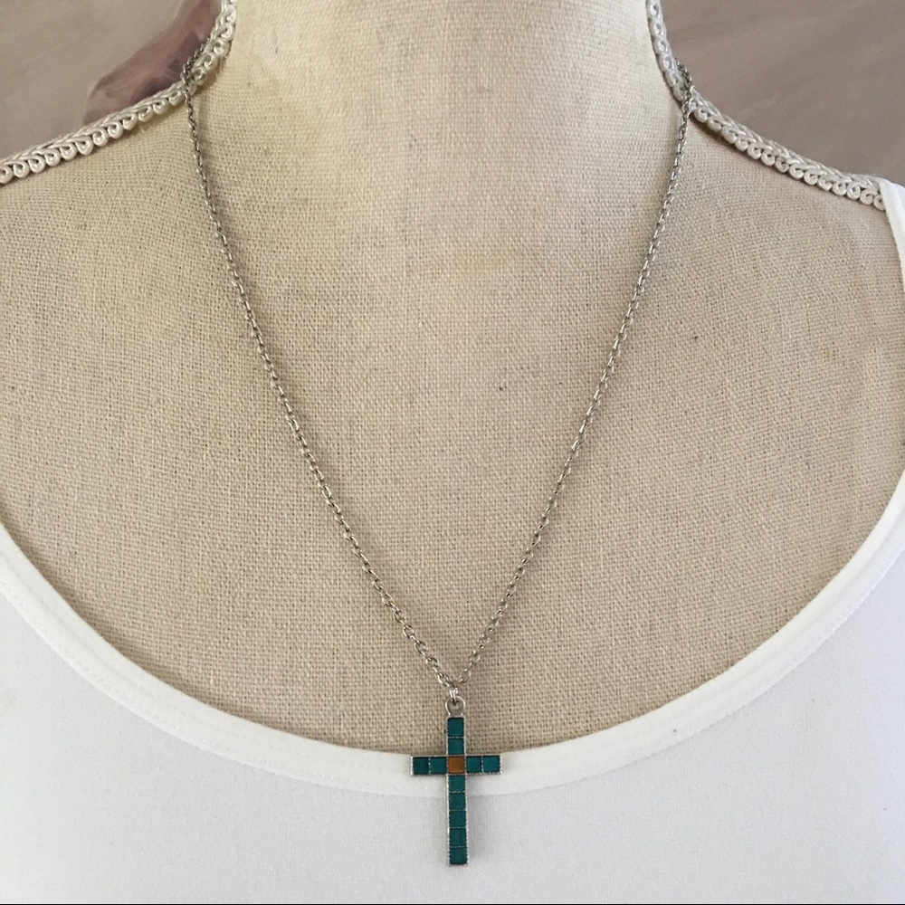 Metallic turquoise and gold cross on chain necklace